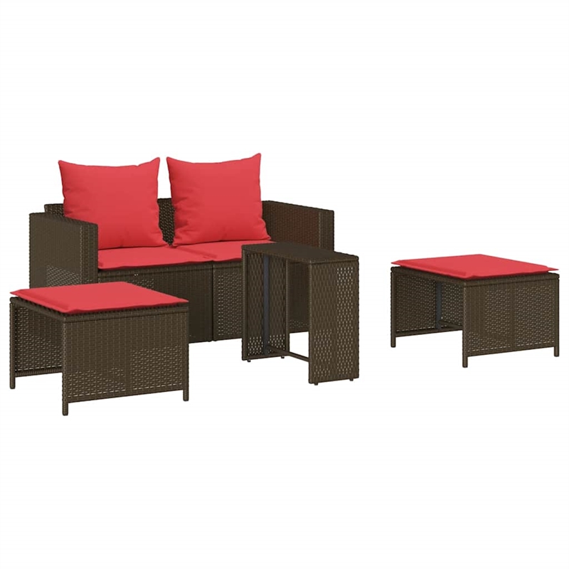 Pemberly Row 5 Pcs Stackable Poly Rattan Patio Sofa Set With Cushions in Brown