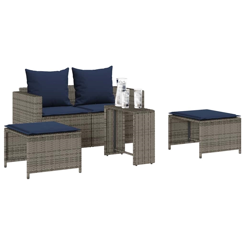 Pemberly Row 5 Pcs Stackable Poly Rattan Patio Sofa Set With Cushions in Gray