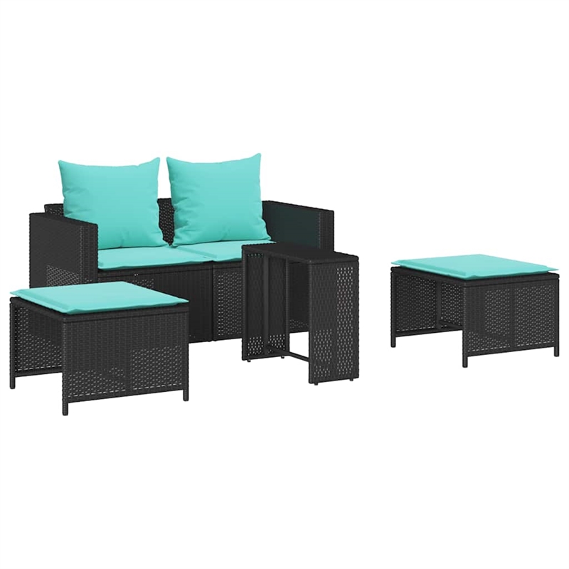 Pemberly Row 5 Pcs Stackable Poly Rattan Patio Sofa Set With Cushions in Black