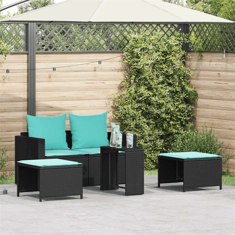 Pemberly Row 5 Pcs Stackable Poly Rattan Patio Sofa Set With Cushions in Black