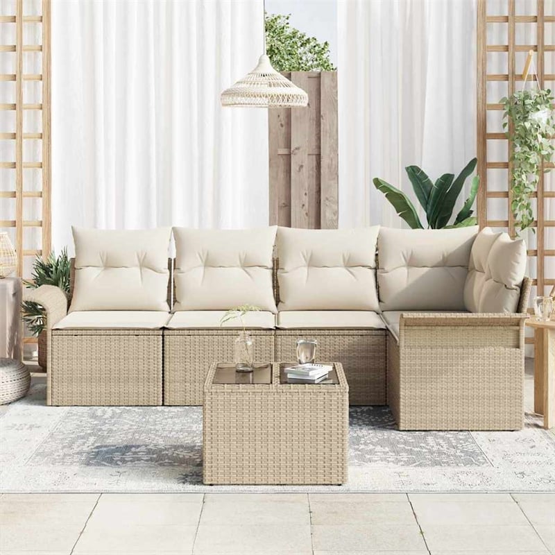 Pemberly Row 6 Piece Poly Rattan Garden Sofa Set With Cushions in Beige