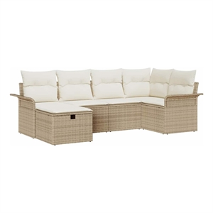 Pemberly Row 6 Pcs Beige & Cream Poly Rattan Garden Sofa Set With Cushions