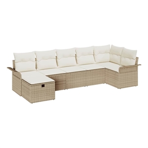 Pemberly Row 7 Pcs Beige & Cream Poly Rattan Garden Sofa Set With Cushions
