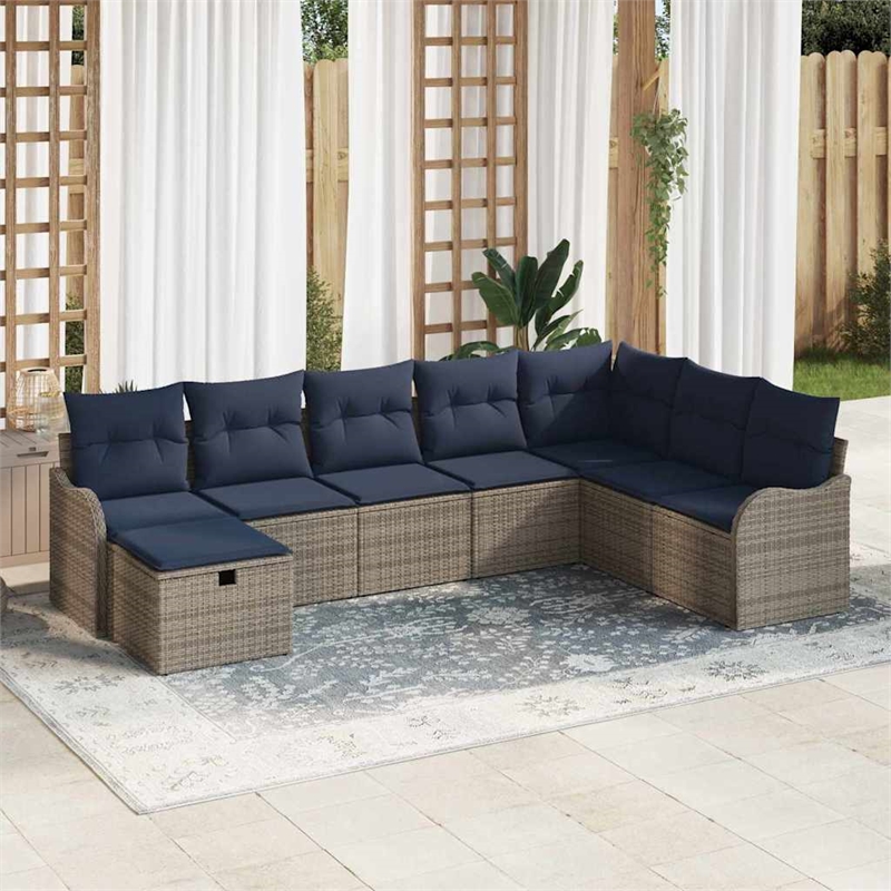 Pemberly Row Gray & Navy Poly Rattan Sofa Set With Cushions With Storage