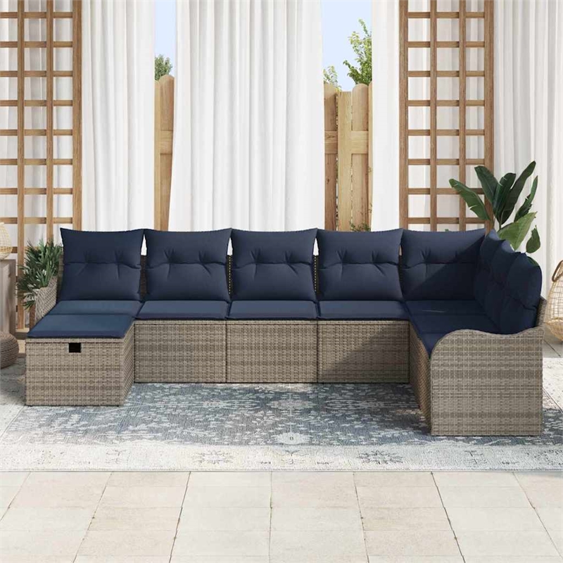 Pemberly Row Gray & Navy Poly Rattan Sofa Set With Cushions With Storage