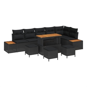 Pemberly Row 10 Pcs Poly Rattan Garden Sofa Set With Cushions in Black