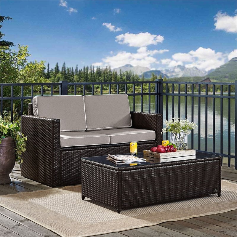 Pemberly Row 2-Piece Wicker Patio Sofa Set in Brown and Gray