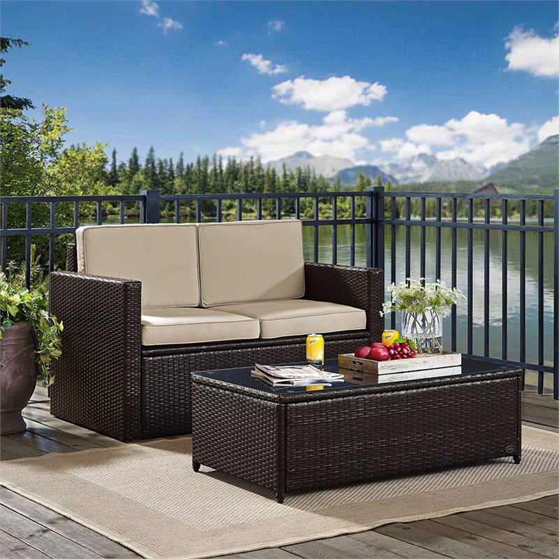 Pemberly Row 2-Piece Wicker Patio Sofa Set in Brown and Sand