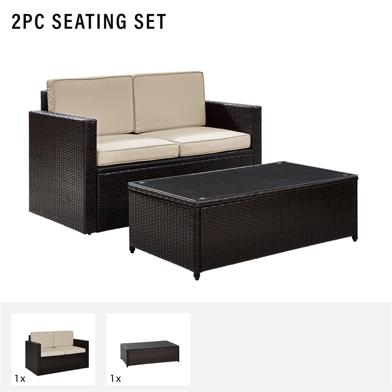 Pemberly Row 2-Piece Wicker Patio Sofa Set in Brown and Sand