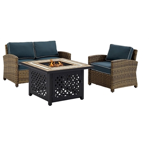Pemberly Row 3-Piece Metal Patio Fire Pit Sofa Set in Brown/Navy