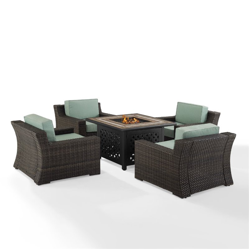 Pemberly Row 5-Piece Outdoor Wicker Chair Set with Fire Table in Mist