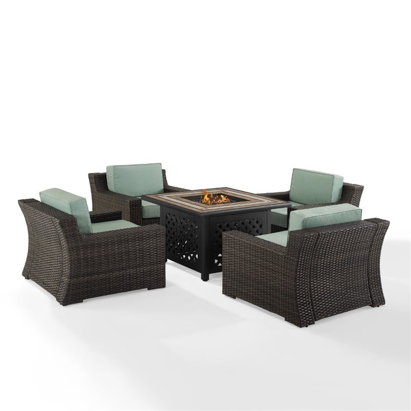 Pemberly Row 5-Piece Outdoor Wicker Chair Set with Fire Table in Mist