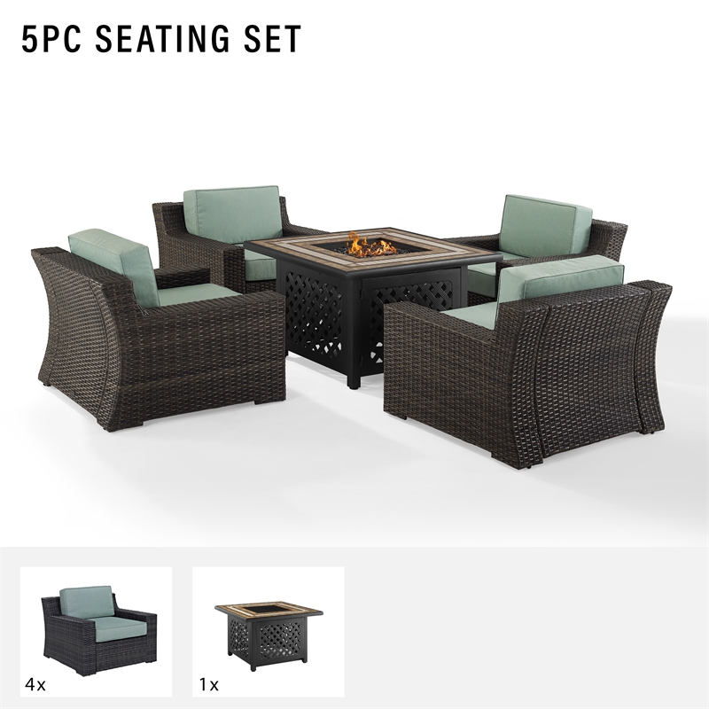 Pemberly Row 5-Piece Outdoor Wicker Chair Set with Fire Table in Mist