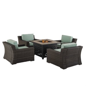 Pemberly Row 5-Piece Outdoor Wicker Chair Set with Fire Table in Mist