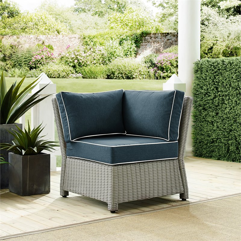 Pemberly Row Wicker Outdoor Sectional Corner Chair in Navy/Gray