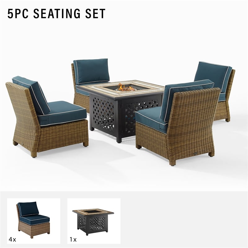 Pemberly Row 5-Piece Fabric Outdoor Conversation Set in Navy/Brown