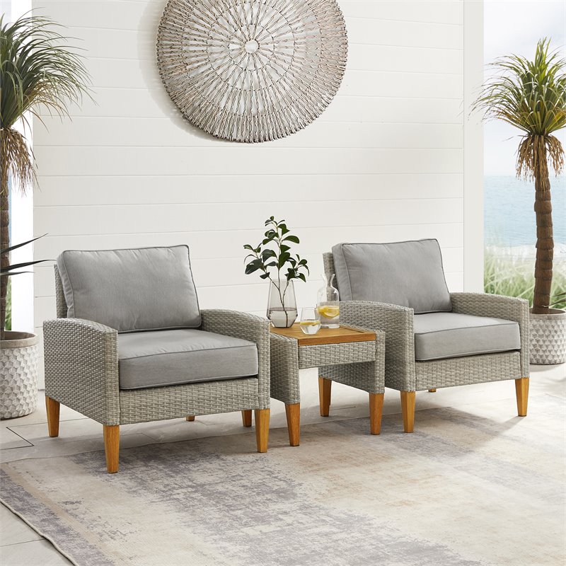 Pemberly Row 3-Piece Modern Wicker / Rattan Outdoor Chair Set in Gray