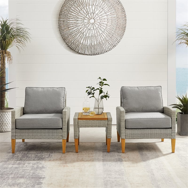 Pemberly Row 3-Piece Modern Wicker / Rattan Outdoor Chair Set in Gray