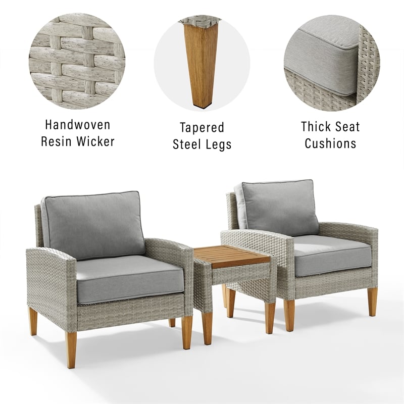 Pemberly Row 3-Piece Modern Wicker / Rattan Outdoor Chair Set in Gray