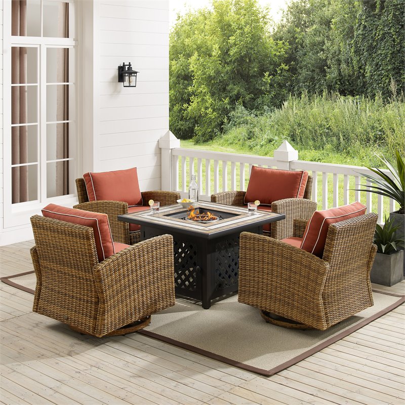Pemberly Row 5-Piece Fabric Swivel Rocker Conversation Set in Red