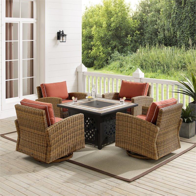 Pemberly Row 5-Piece Fabric Swivel Rocker Conversation Set in Red