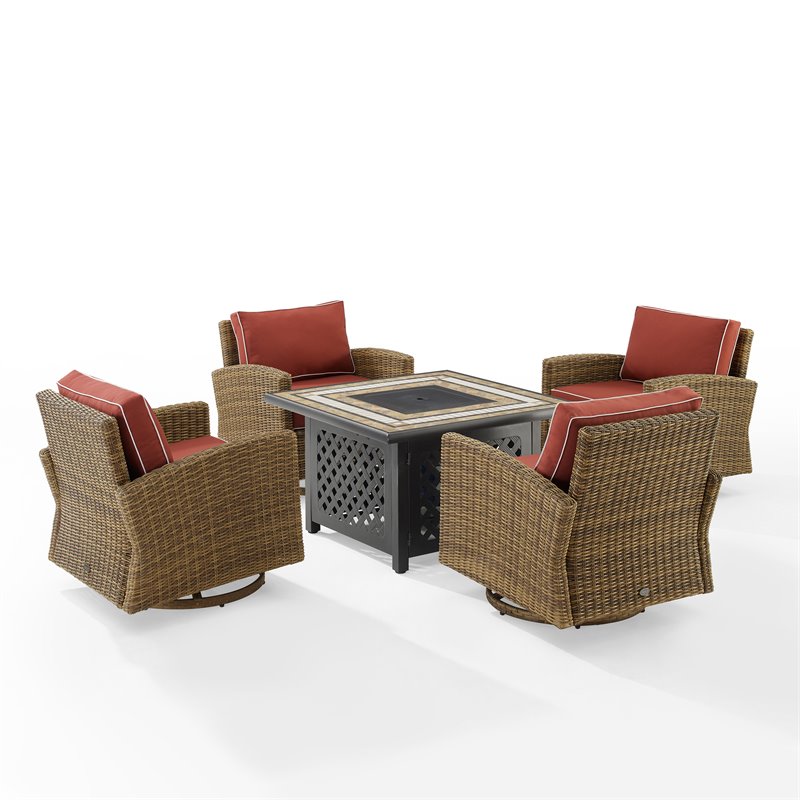 Pemberly Row 5-Piece Fabric Swivel Rocker Conversation Set in Red