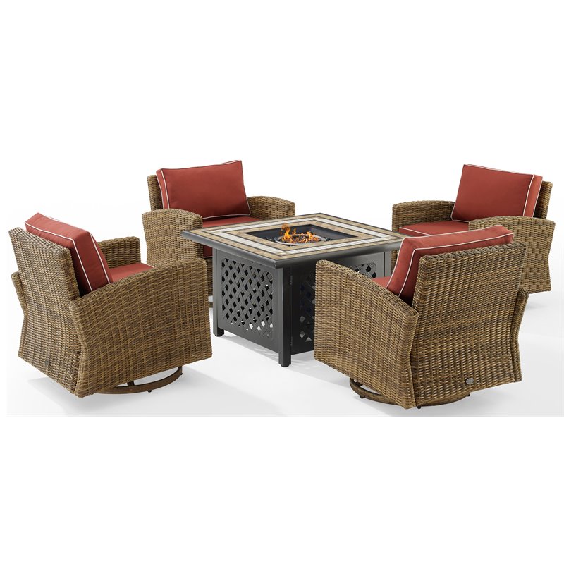 Pemberly Row 5-Piece Fabric Swivel Rocker Conversation Set in Red