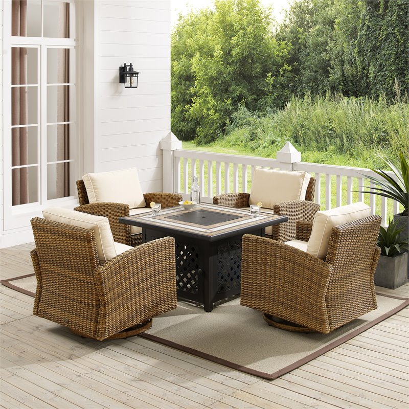 Pemberly Row 5-Piece Fabric Swivel Rocker Conversation Set in Sand