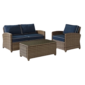 Pemberly Row 3-Piece Fabric Patio Sofa Set in Brown and Navy