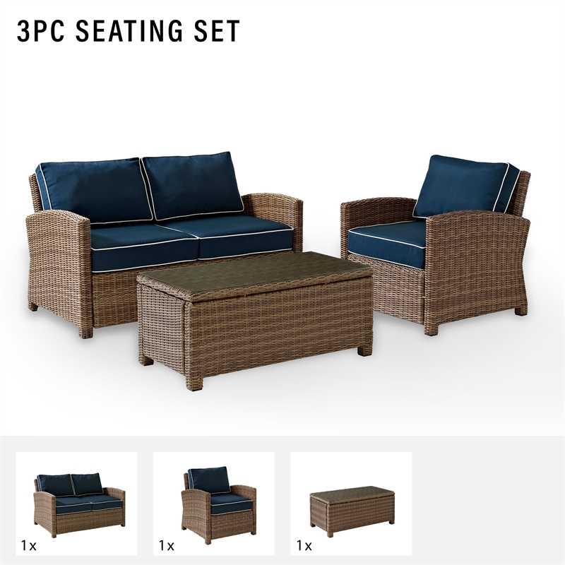 Pemberly Row 3-Piece Fabric Patio Sofa Set in Brown and Navy