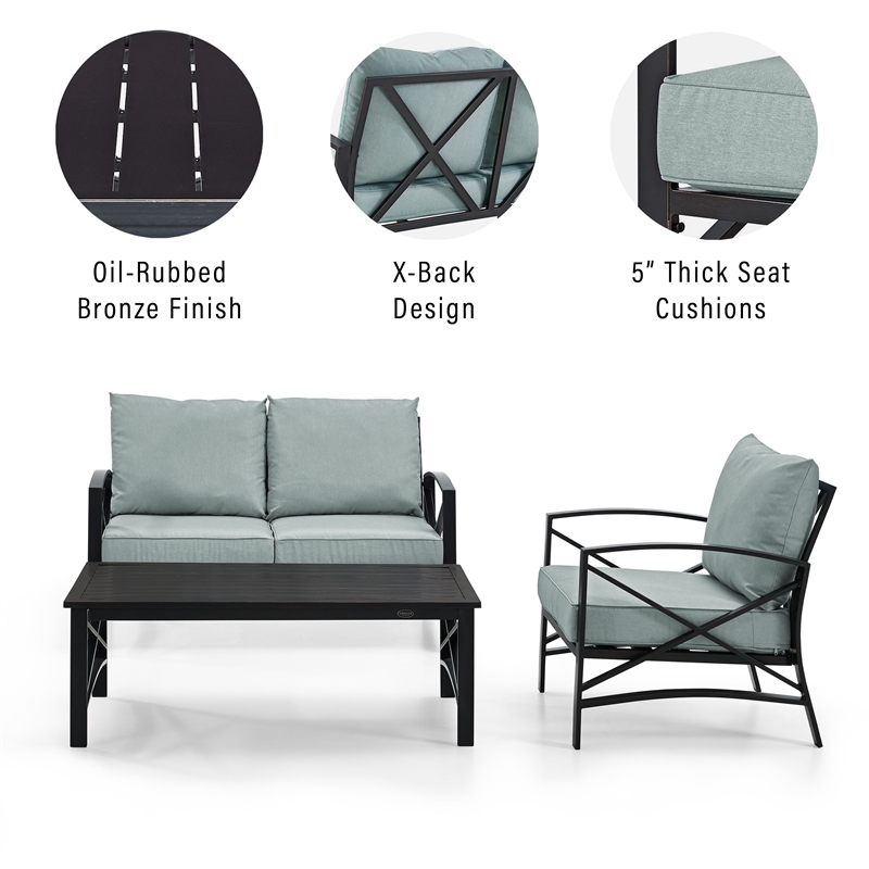 Pemberly Row 3-Piece Fabric Sofa Set in Oil Rubbed Bronze/Mist Green
