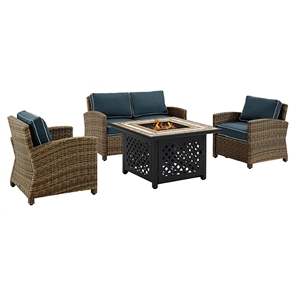 Pemberly Row 4-Piece Metal Patio Fire Pit Sofa Set in Brown/Navy