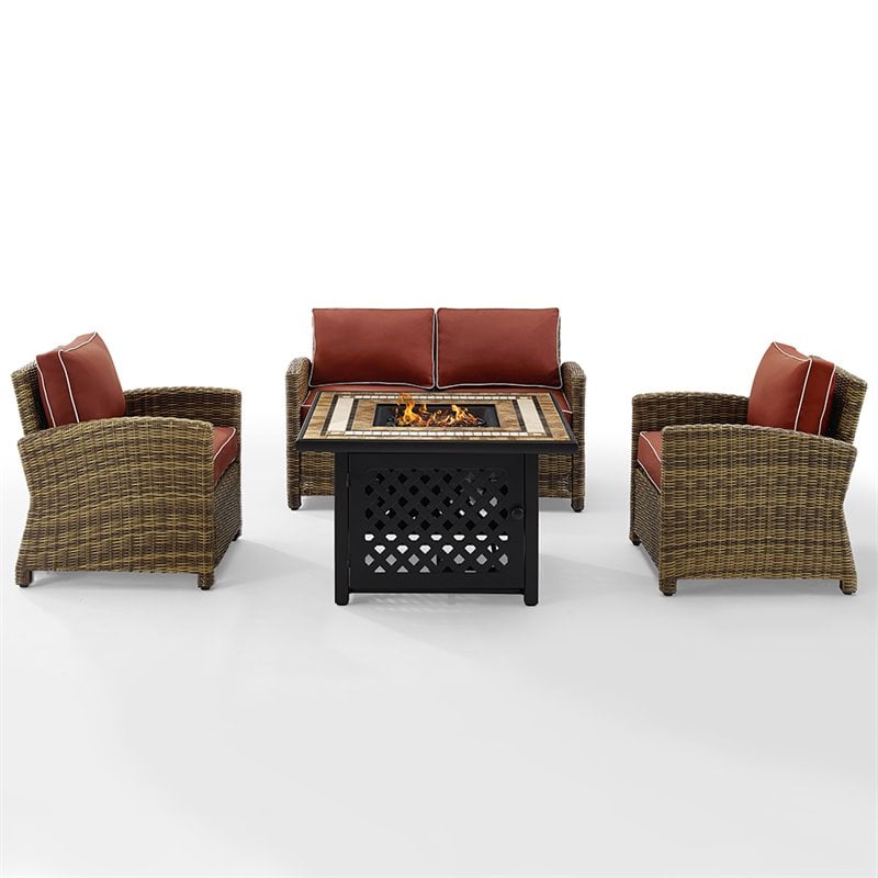 Pemberly Row 4-Piece Patio Fabric Fire Pit Sofa Set in Brown/Red