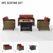 Pemberly Row 4-Piece Patio Fabric Fire Pit Sofa Set in Brown/Red