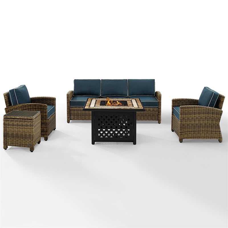 Pemberly Row 5-Piece Patio Fabric Fire Pit Sofa Set in Brown and Navy