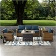 Pemberly Row 5-Piece Patio Fabric Fire Pit Sofa Set in Brown and Navy