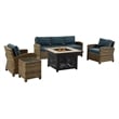 Pemberly Row 5-Piece Patio Fabric Fire Pit Sofa Set in Brown and Navy
