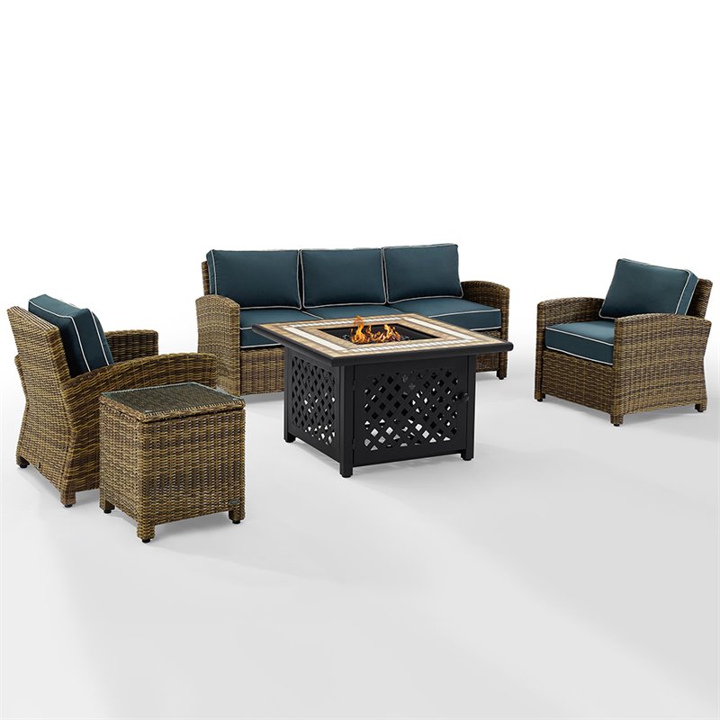 Pemberly Row 5-Piece Patio Fabric Fire Pit Sofa Set in Brown and Navy