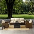 Pemberly Row 5-Piece Patio Fabric Fire Pit Sofa Set in Brown and Sand