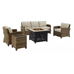 Pemberly Row 5-Piece Patio Fabric Fire Pit Sofa Set in Brown and Sand