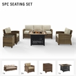 Pemberly Row 5-Piece Patio Fabric Fire Pit Sofa Set in Brown and Sand