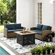 Pemberly Row 3-Piece Metal Patio Fire Pit Sofa Set in Brown and Navy