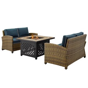 Pemberly Row 3-Piece Metal Patio Fire Pit Sofa Set in Brown and Navy
