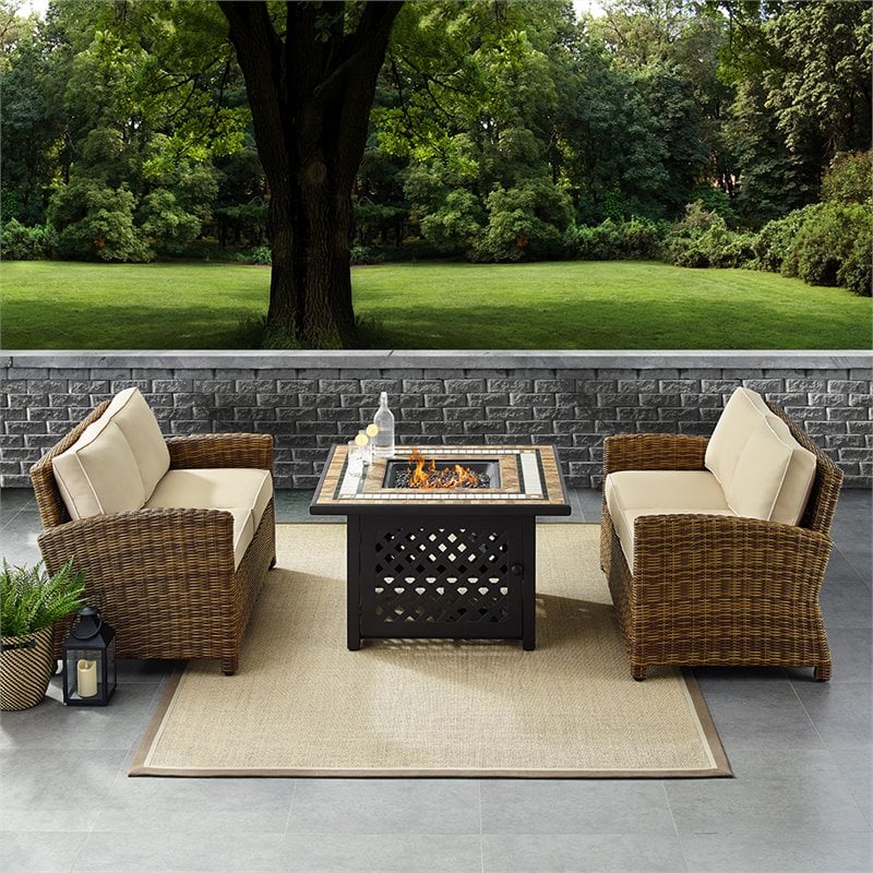 Pemberly Row 3-Piece Metal Patio Fire Pit Sofa Set in Brown and Sand