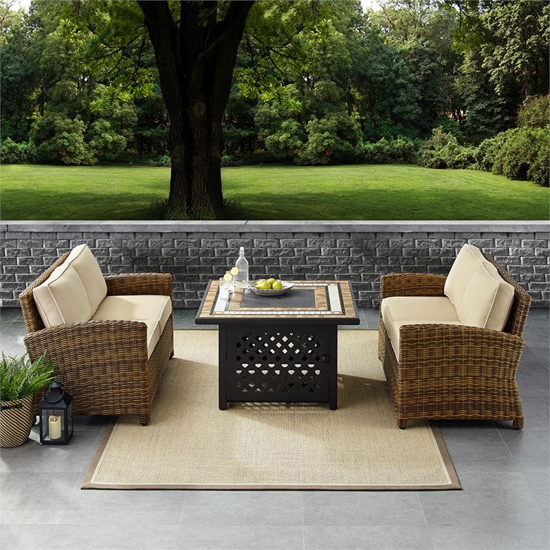 Pemberly Row 3-Piece Metal Patio Fire Pit Sofa Set in Brown and Sand