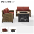 Pemberly Row 3-Piece Patio Fabric Fire Pit Sofa Set in Brown/Red