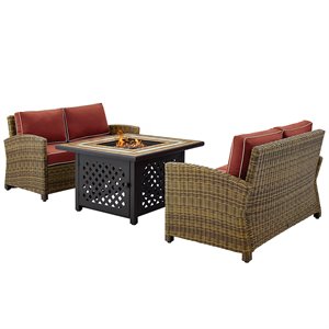 Pemberly Row 3-Piece Patio Fabric Fire Pit Sofa Set in Brown/Red