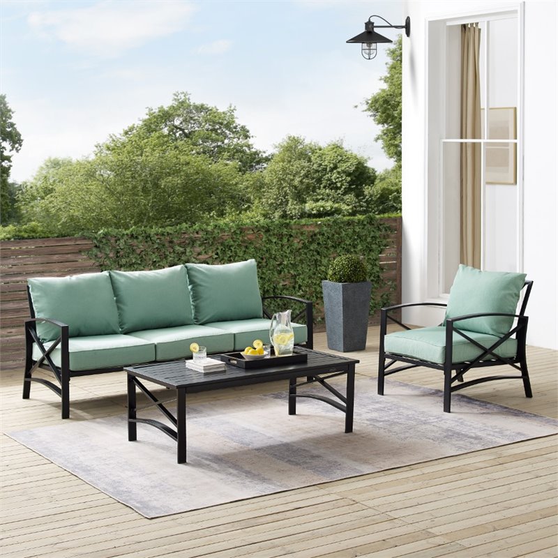 Pemberly Row Modern 3-Piece Metal Outdoor Sofa Set in Mist Green