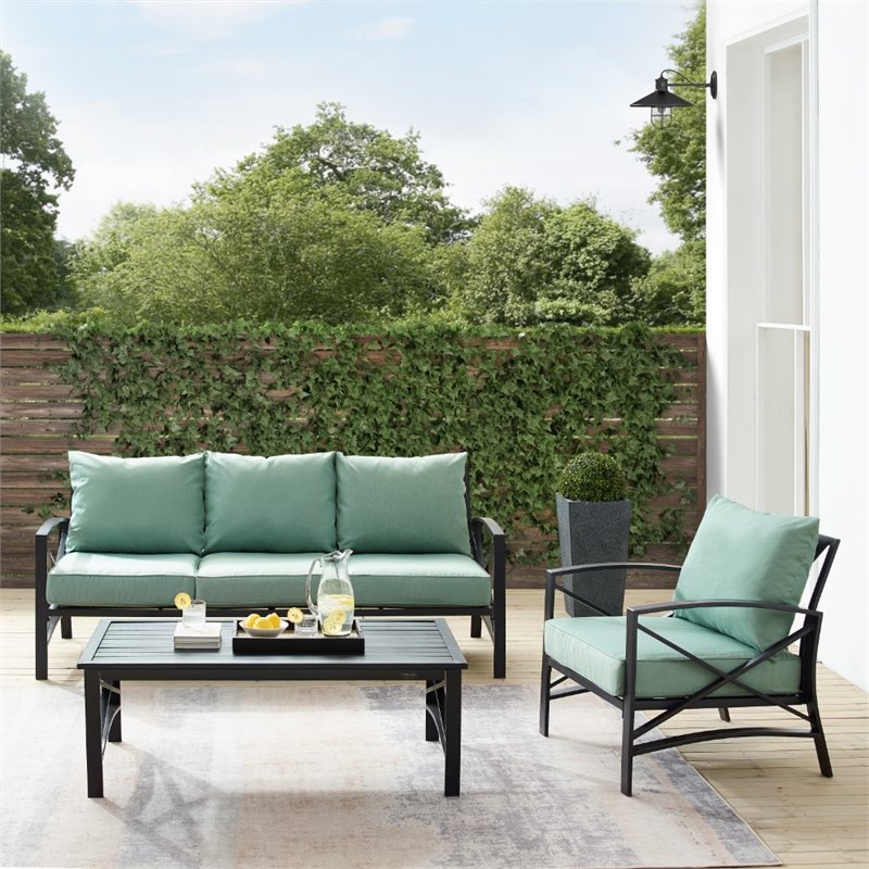 Pemberly Row Modern 3-Piece Metal Outdoor Sofa Set in Mist Green