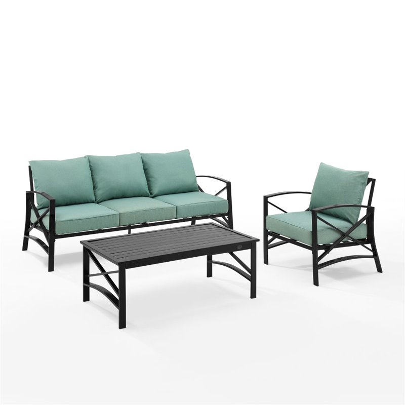 Pemberly Row Modern 3-Piece Metal Outdoor Sofa Set in Mist Green